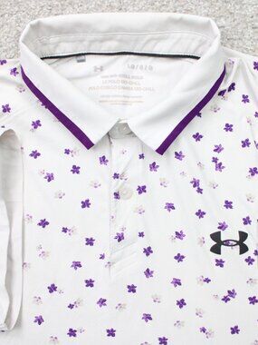 Under Armour Polo Shirt Mens Large Purple/White UA Iso-Chill Floral Golf S/S